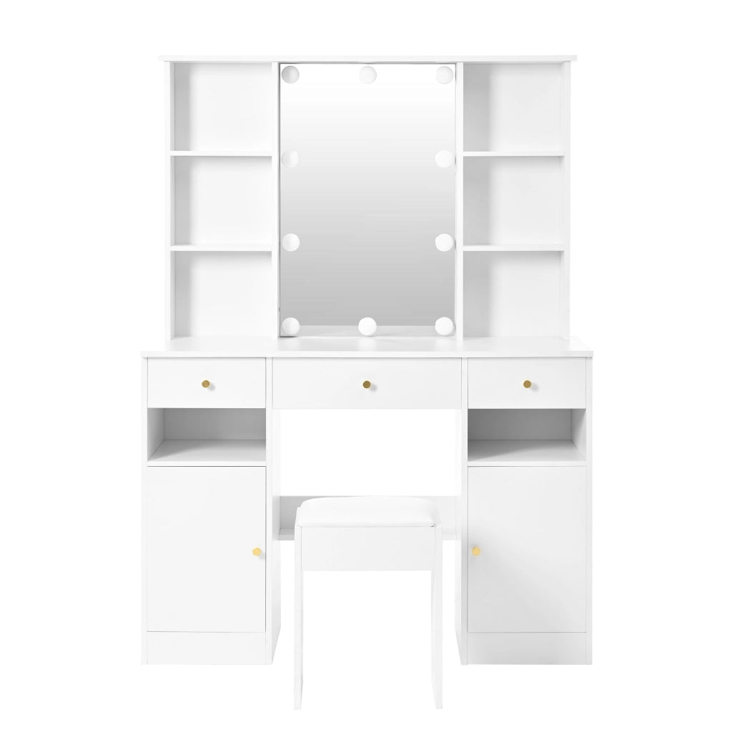 Tavolo da trucco con specchio e LED regolabili, 3 cassetti, 2 ante e 4 ripiani aperti, bianco, 110 x 40 x 151 cm