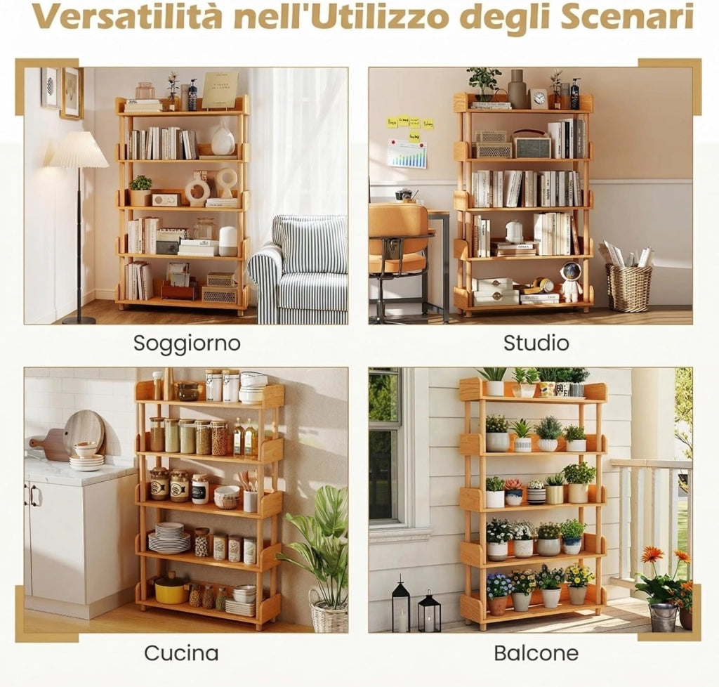 Libreria Verticale a 5 Livelli, Scaffale per Libri Aperto con Gambe in Legno di Pino,Protezione dei Bordi e Kit Antiribaltamento, Libreria Scaffale da Terra per Soggiorno e Camera da Letto