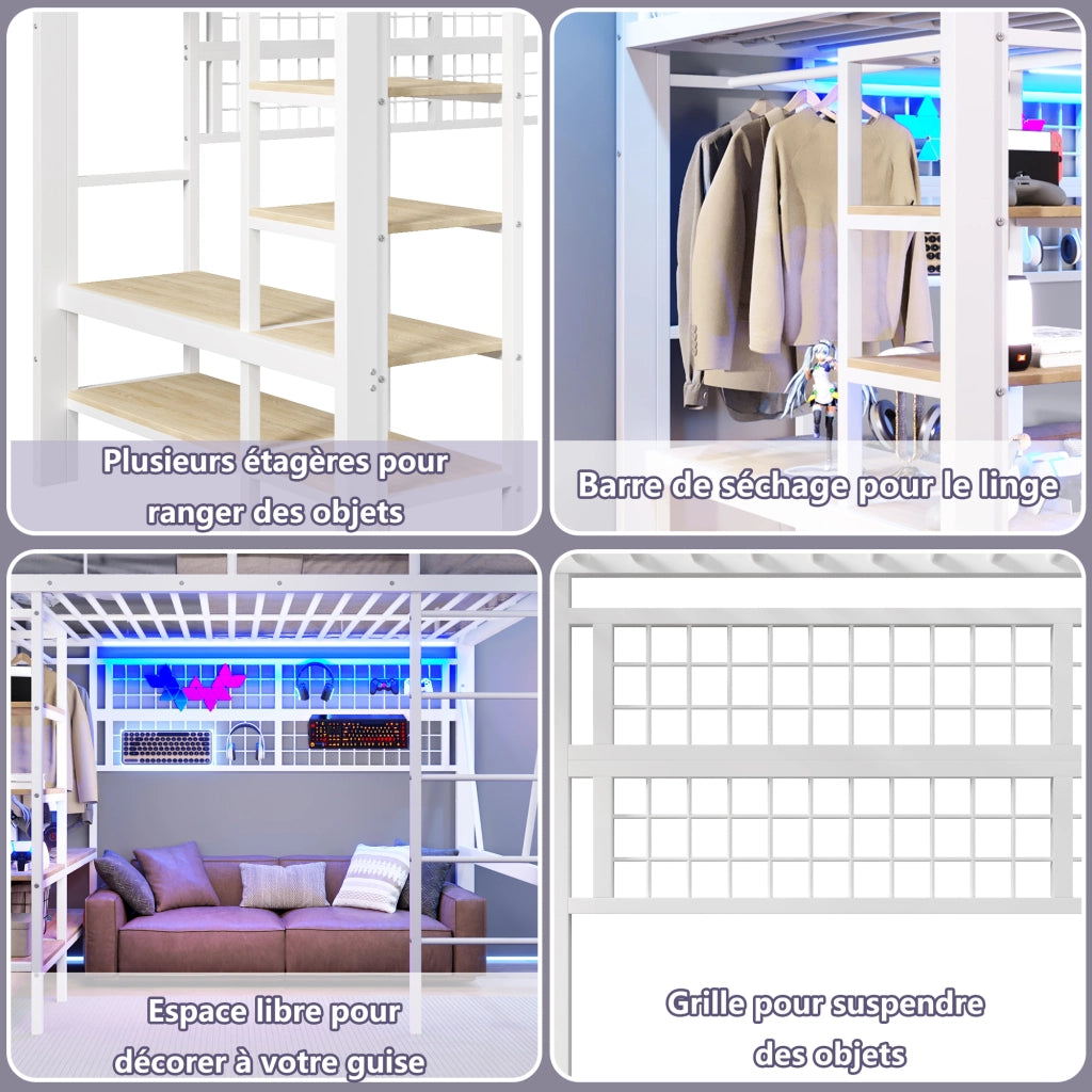 Letto a soppalco matrimoniale 140×200 cm con LED; ripiano e rete appendiabiti; senza materasso; bianco
