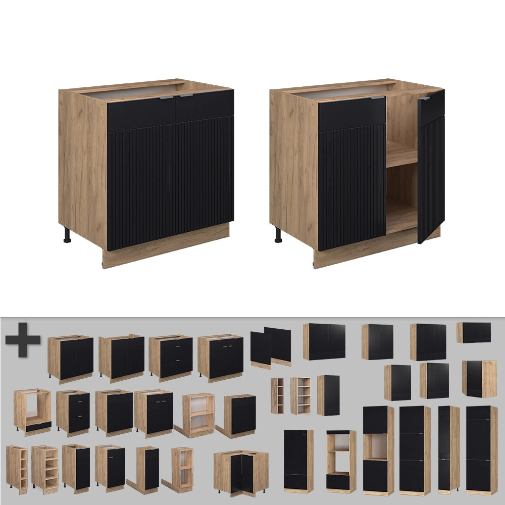 Mobiletto base cucina Fame-Line Nero rigato/Rovere dorato 80 cm con ripiano, senza piano di lavoro Vicco