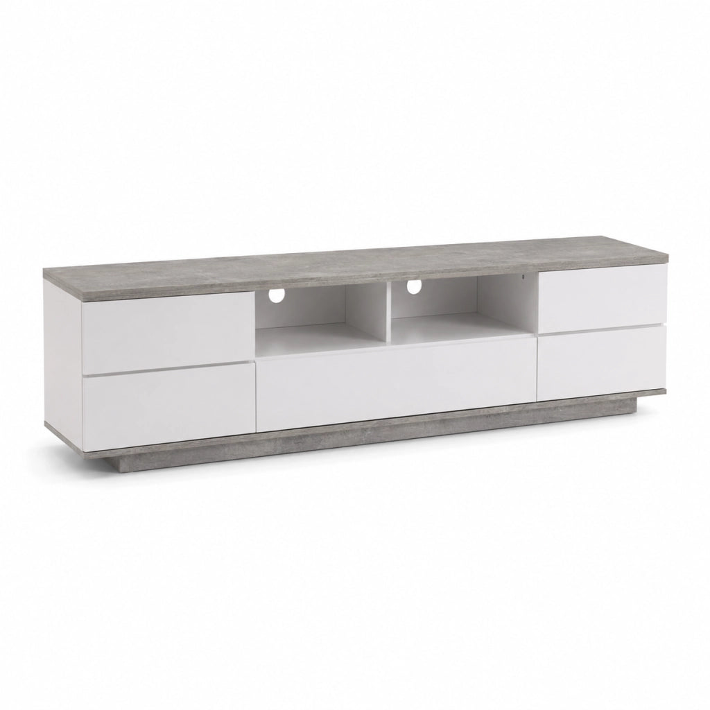 Mobile Tv Salotto Moderno Con 4 Ante 1 Anta A Ribalta 2 Vani A Giorno Con Passacavi Per Soggiorno Living Design In MDF Resistente 180 X 38 X 46 Cm Bianco E Grigio Cemento