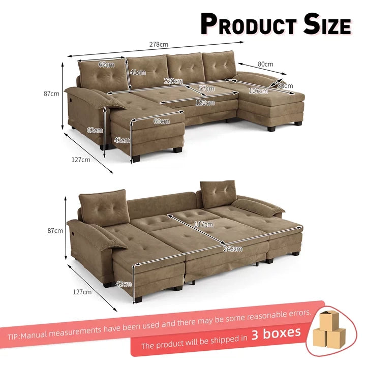 Divano Letto Angolare Modulare ¨C MINIMAL ¨C Tessuto Khaki, con USB, Braccioli Rimovibili, 278 cm