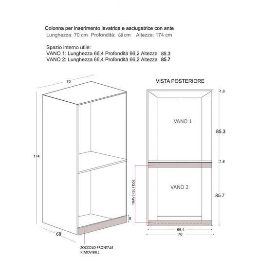 Mobile Lavanderia a Colonna per Lavatrice o Asciugatrice con Asse da Stiro e Ante Superiori 70x70x174A cm in Nobilitato