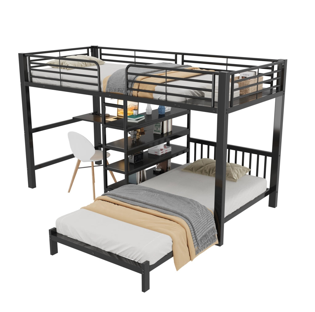 Letto a castello doppio in ferro 90x200 cm con scrivania, prese USB e Type-C, mensole e ripiani, nero