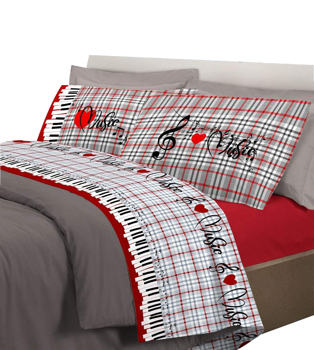 Completo letto musica con stampa fotografica 100% cotone 3 misure parure Rosso - Matrimoniale