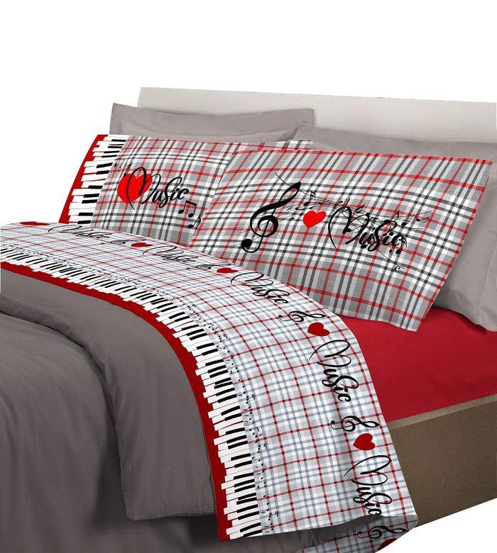 Completo letto musica con stampa fotografica 100% cotone 3 misure parure Rosso - Matrimoniale