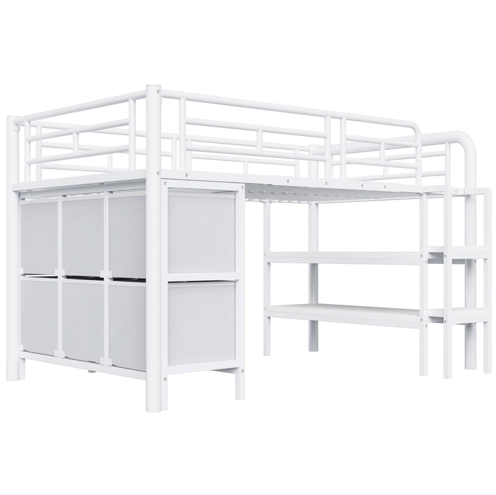 Letto a soppalco basso per bambini 90x200 cm con scale, MDF e metallo bianco