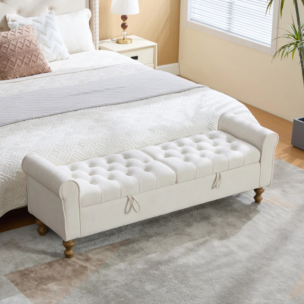 Panca contenitore ¨C Minimal ¨C Beige velluto con gambe in legno