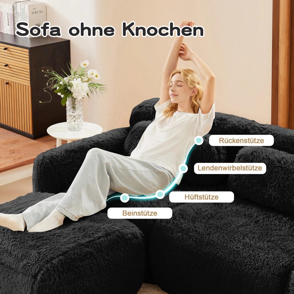 OKWISH Divano Modulare 2 Posti con 2 Pouf, senza Montaggio, Seduta Ampia e Base Antiscivolo, Peluche Nero