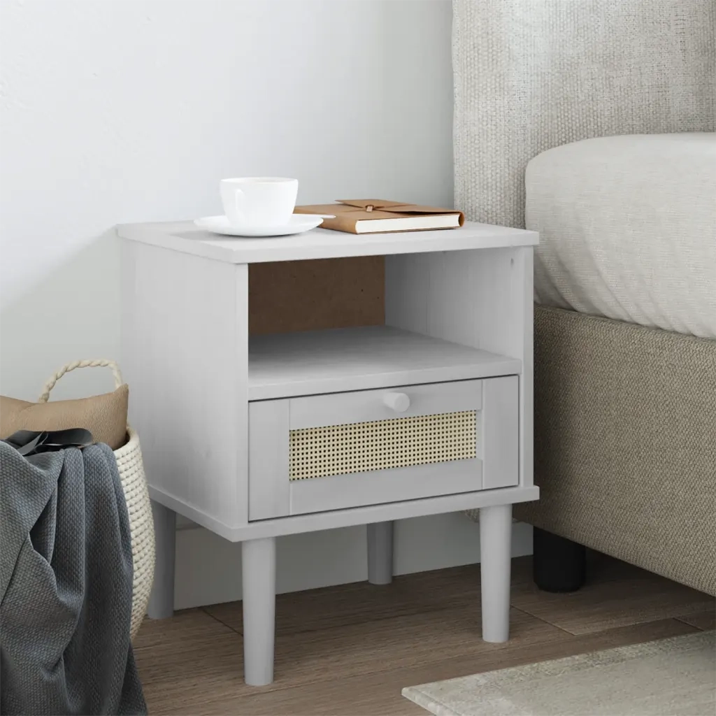 Comodino SENJA Bianco Aspetto Rattan 40x35x48 cm in Legno Pino 358011