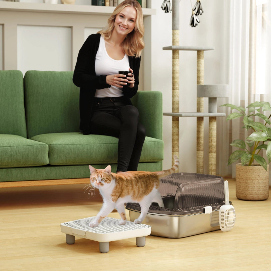 Arenero per Gatti Coperto con Vassoio in Acciaio Inossidabile ¨C Zephmum ¨C Grigio