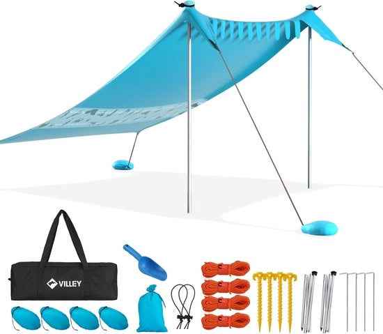 Ombrellone da Spiaggia Portatile Pergola di Sole Rifugio Solare UPF50+ 24 m x 2 m con 2 Staffe in Alluminio e Borsa da Riposo per Spiaggia Campeggio Blu - Adatto per 1-3 Persone