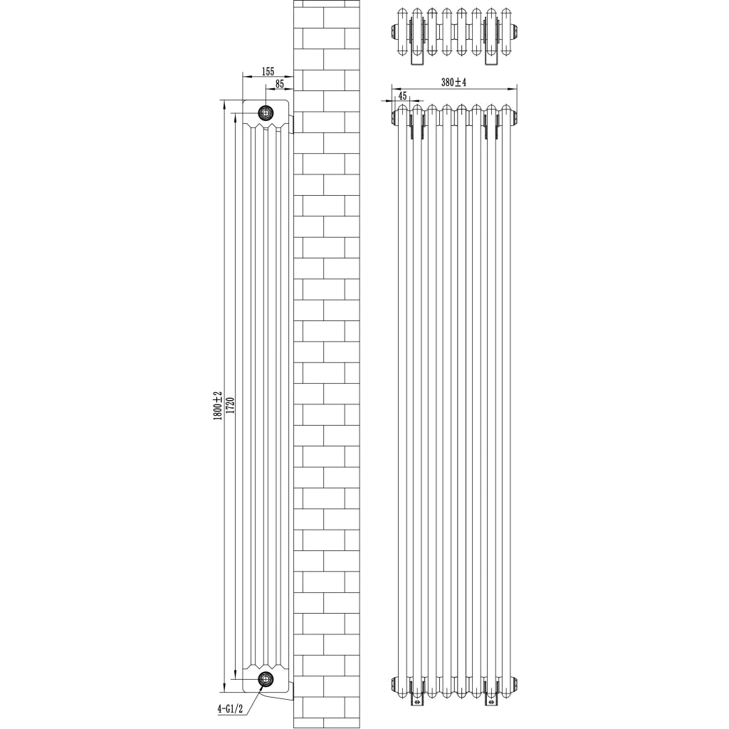 Radiatore Tradizionale 4 Colonne Verticale Riscaldamento Nero & Valvole 1800x380 mm