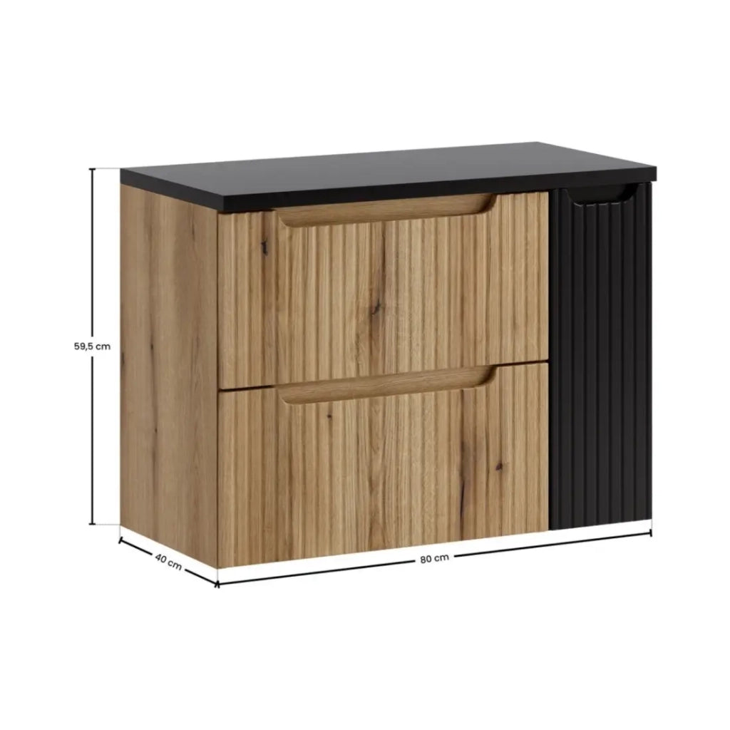 Set da bagno sospeso VANO in rovere chiaro e nero 80cm: mobili sotto lavabo con cassetti e armadietti + piano per lavabo