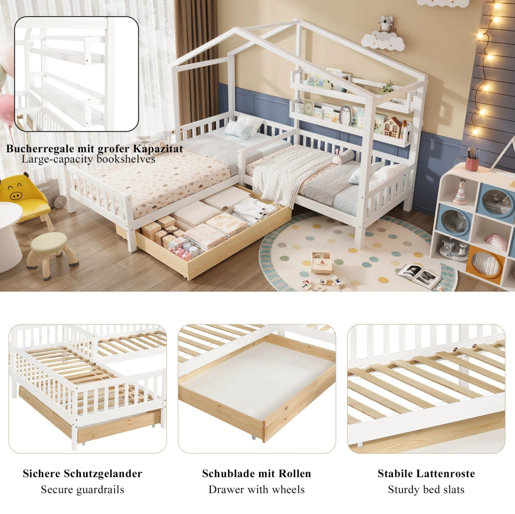 Letto a casetta a L per bambini con cassetto e scaffali bianco