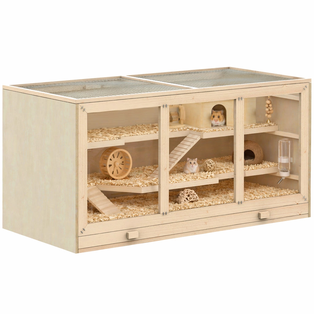Gabbia per Criceti 2 Piani con Tetto Apribile e Finestre ¨C Minimal ¨C 115x57x55 cm Effetto Legno Naturale