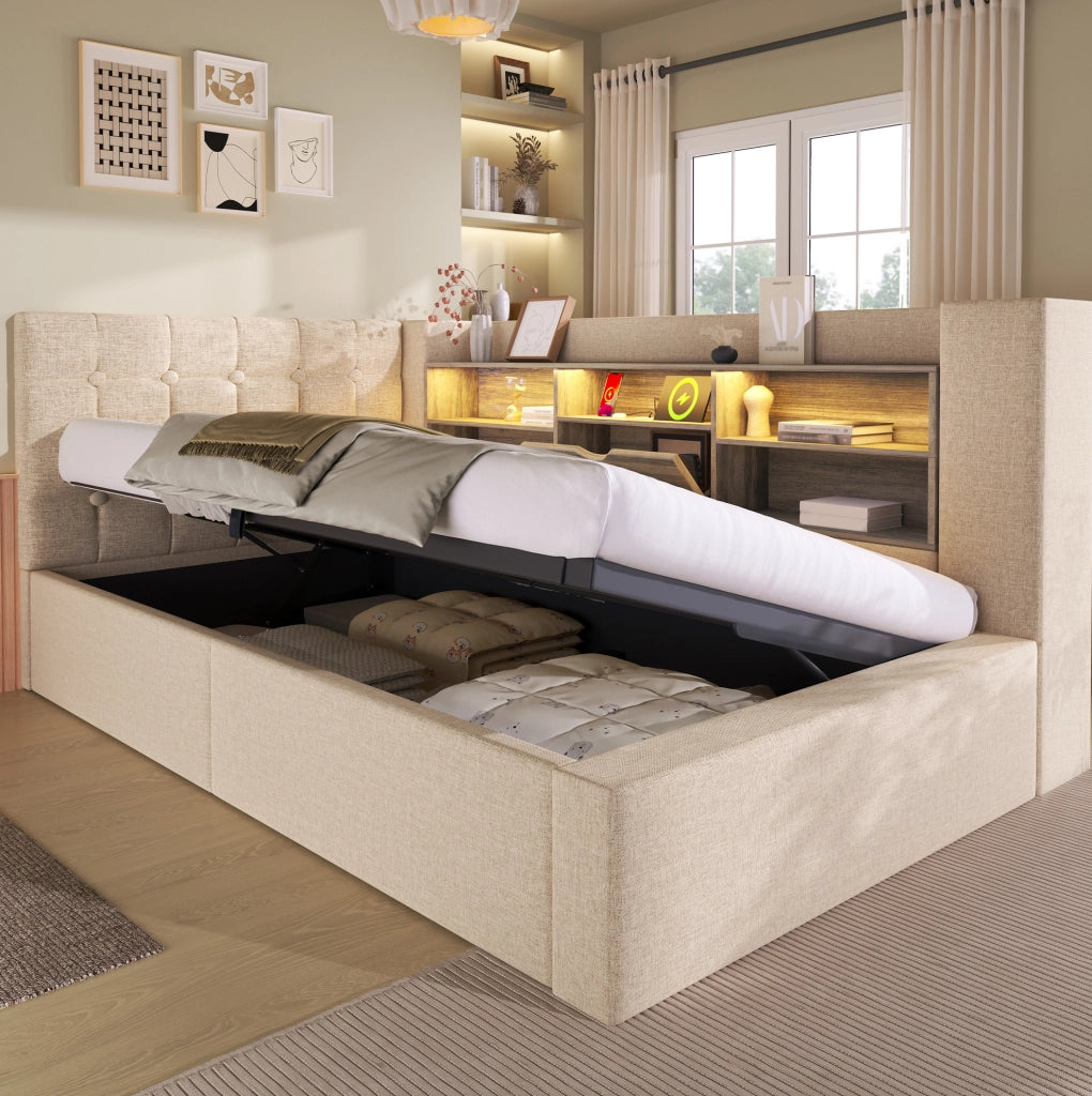 Letto imbottito con LED, contenitore idraulico e materasso 90x200 cm, beige