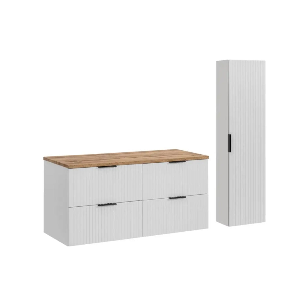 Set da bagno NOXERA 120 cm – Mobile sottolavabo sospeso bianco con piano per lavabo in rovere wotan e colonna da muro