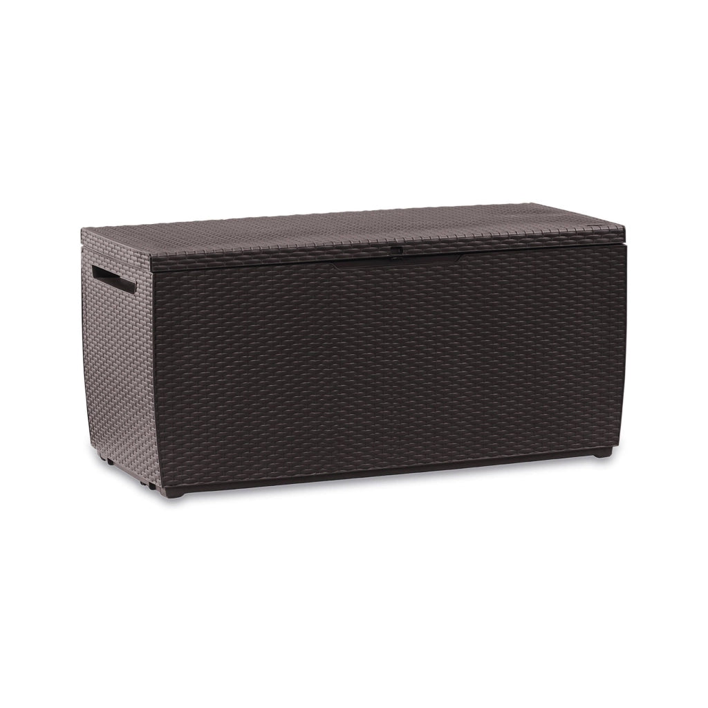 Cassapanca outdoor Chicoutimi, Baule da giardino, Contenitore da esterno, Panchina contenitore da esterno, 123x54 h57 cm, Marrone