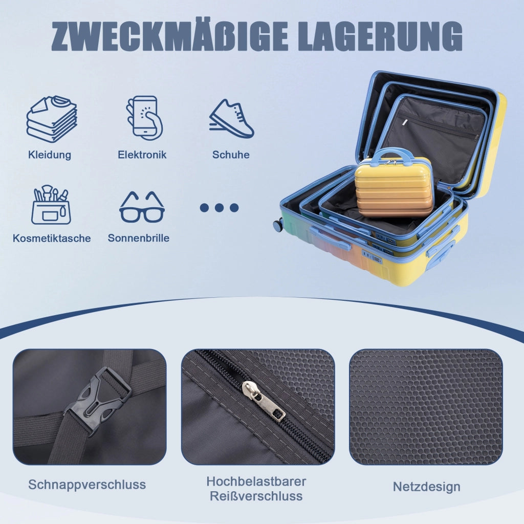 Set di valigie 4 pezzi con lucchetto a combinazione, ruote doppie 360°, manico telescopico, pc, giallo