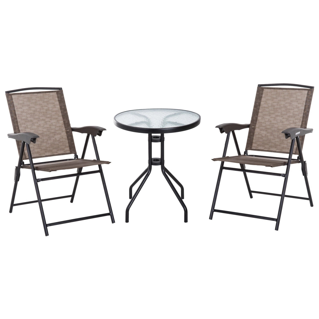 Set Tavolino e 2 Sedie Pieghevoli da Giardino in Vetro Marrone