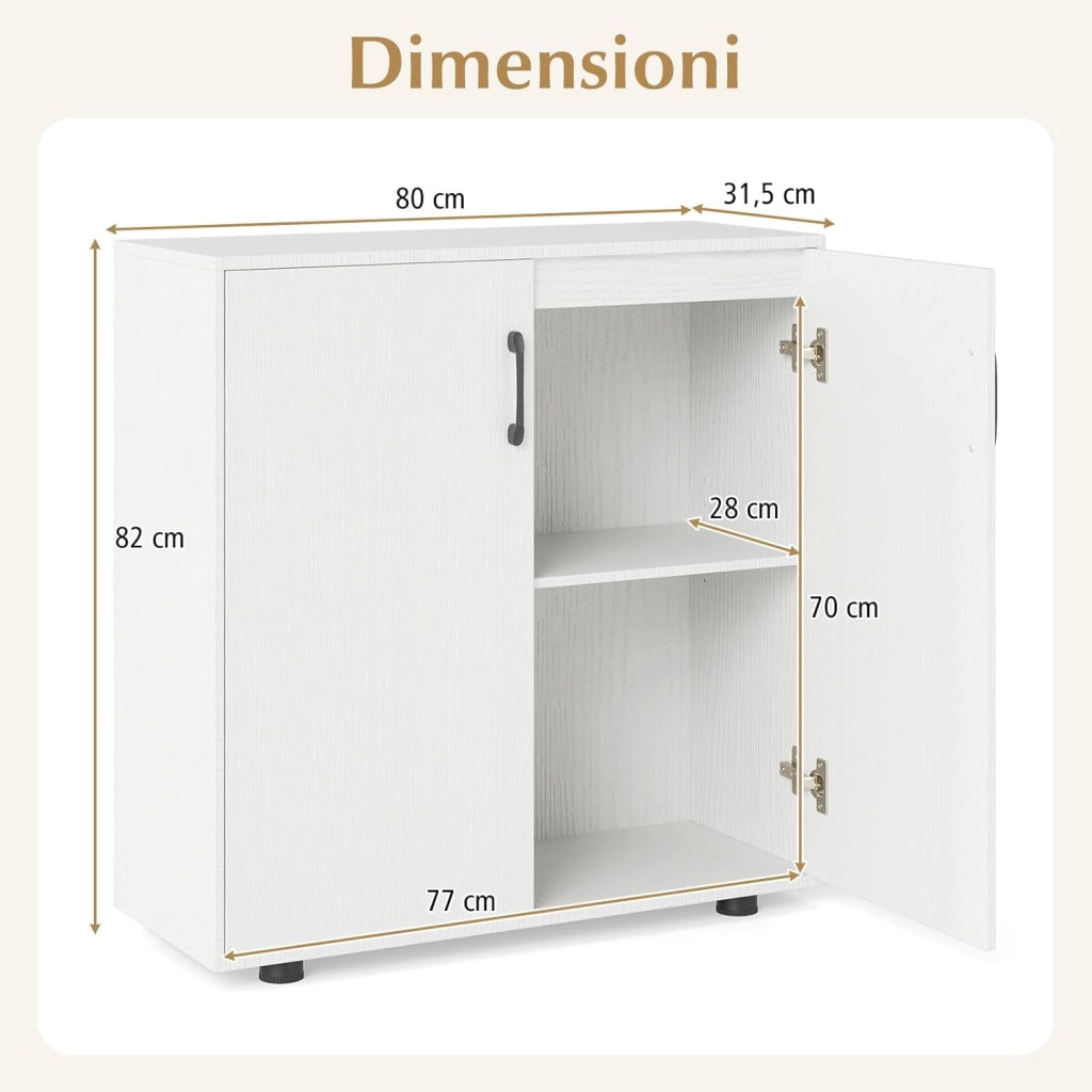 Credenza Bassa per Soggiorno con 2 Ante e Mensola Regolabile su 5 Livelli, Mobile da Cucina Moderno in Legno, Mobiletto Salvaspazio per Salotto e Ingresso, 80 x 31,5 x 82 cm (Bianco)