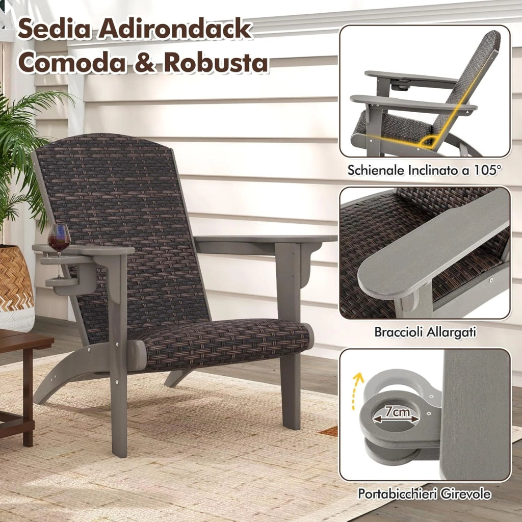 Sedia Adirondack da Giardino, Sedia da Lounge HDPE con Sedile e Schienale Imbottiti in Rattan, Porta Tazza Nascosto, Poltrona per Esterno Giardino Prato, Portata 150 kg (Grigio)