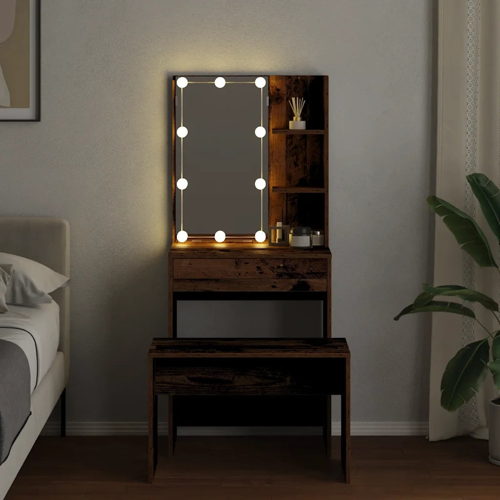 Set Tavolo da Toeletta con LED Legno Antico Legno Multistrato