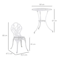 Set da Giardino 3 Pezzi in Alluminio con 2 Sedie 42.5x47.5x89 cm e Tavolino Rotondo Ø60x67 cm, Bianco