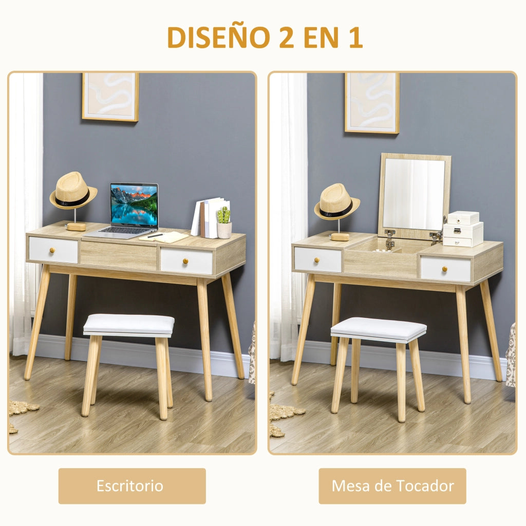 Tocador con specchio abatibile e sgabello imbottito ¨C zephmum ¨C colore naturale 100x45x118 cm