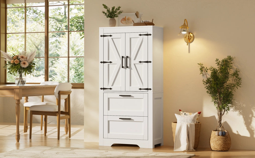 Mobile contenitore con 2 cassetti e ripiani regolabili, stile rustico, per cucina sala da pranzo e soggiorno, bianco