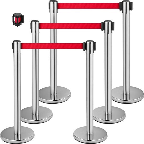 Barriera di Controllo per Folla - Tipo 3 Rvs Pila di Attesa con Fune Intrecciabile - Stantuffo per Riem - per Aeroporto, Stadio, Banca - 6 pezzi Set