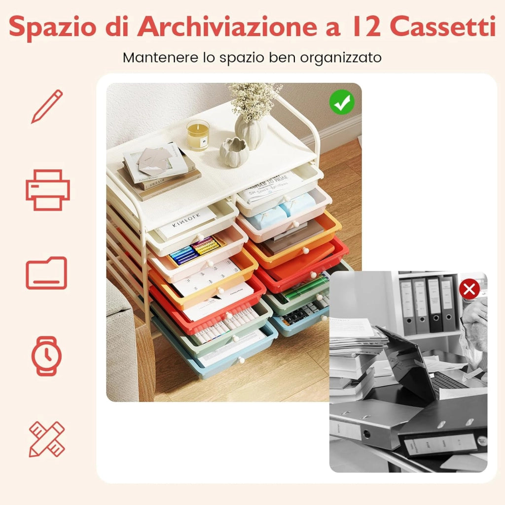 Carrello di Stoccaggio con 12 Cassetti, Carrello portaoggetti con 4 Ruote, Carrello Multiuso per Scuola Ufficio Cucina, 64 x 38 x 62 cm (12 cassetti Macaron)