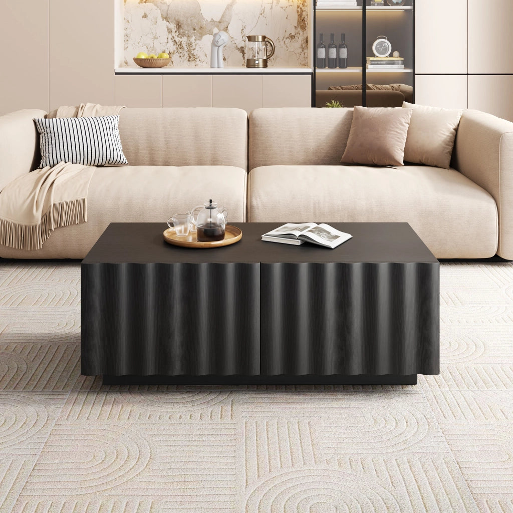 Tavolino basso con 2 cassetti e frontale a onde, per soggiorno, in MDF e pannello truciolare, nero, 100 × 50 × 40 cm