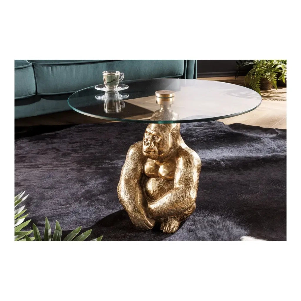 Tavolino basso GORILOX rotondo 60 cm in alluminio dorato e vetro temperato