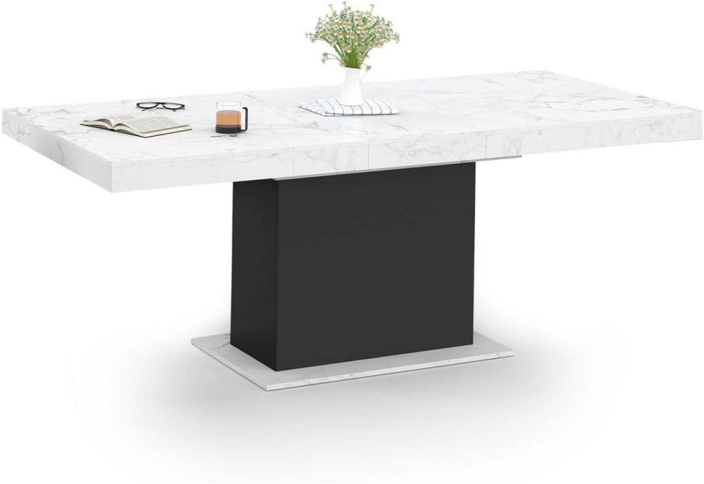 Tavolo da pranzo rettangolare allungabile EDEN 6-10 persone con piano ALASKA effetto marmo bianco e nero 160-200 cm