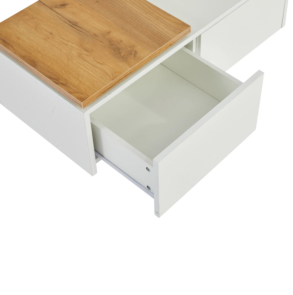 Tavolino da caffè 75x75x33.5 cm con 4 cassetti nascosti; piano lucido in pannello truciolare bianco