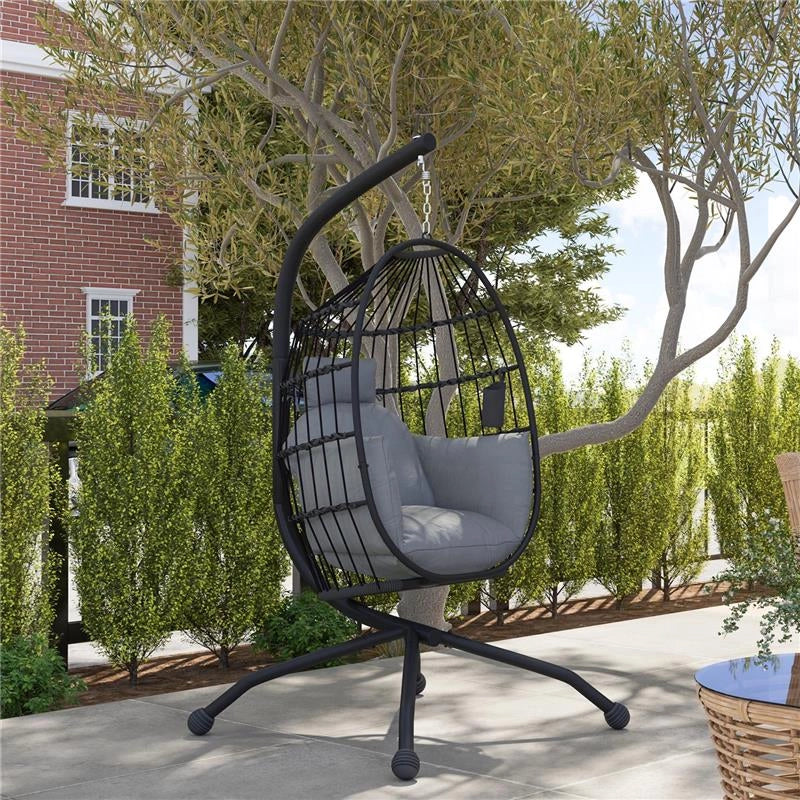 POLTRONA SOSPESA A UOVO CON GANCIO REGOLABILE 2 CUSCINI E CESTO IN ACCIAIO 120X88X192 CM NERO E GRIGIO