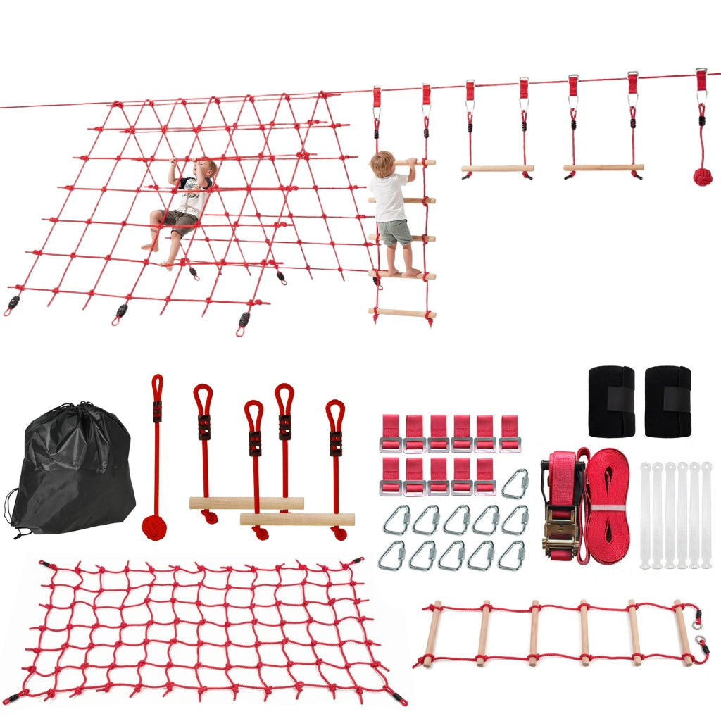 Set Slackline per bambini con anelli, altalena, scala e rete da arrampicata ¨C zephmum ¨C 100x30x18 cm Rosso