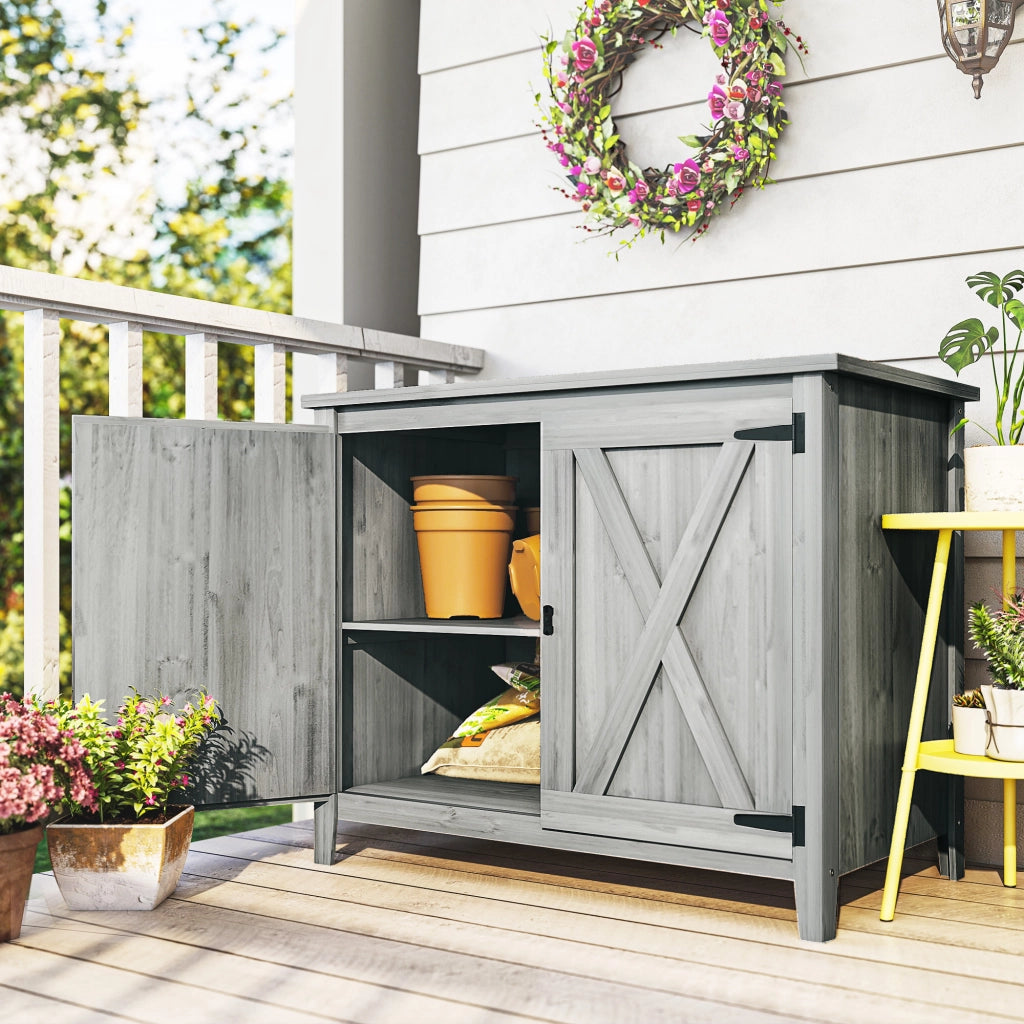 Armadio da giardino in legno con ripiani e doppie ante ¨C zephmum ¨C 110x60x88.5 cm grigio chiaro