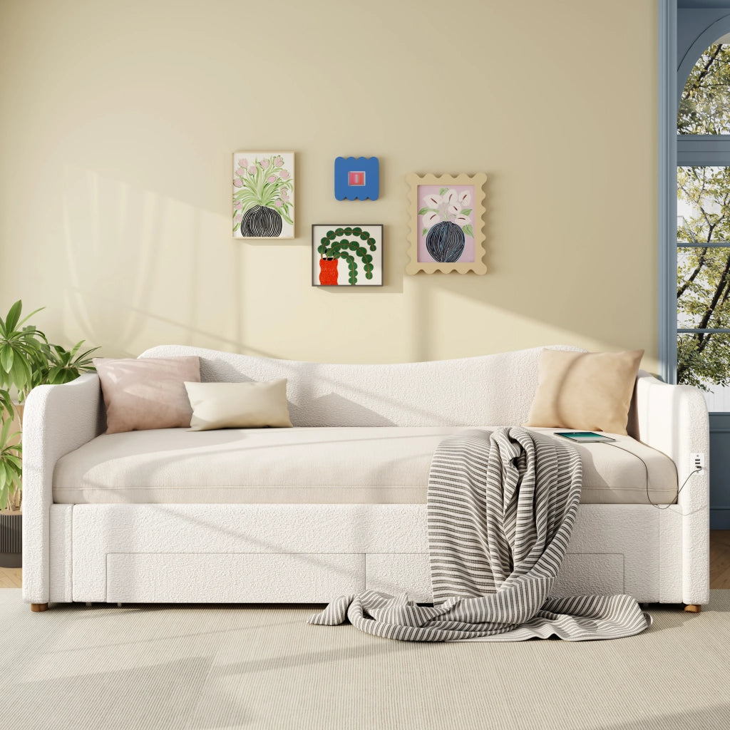 Divano letto con letto estraibile e cassetti, 90x200 cm, bouclé beige