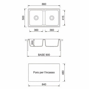 Lavello 86x50 cm 2 vasche bianco Samet