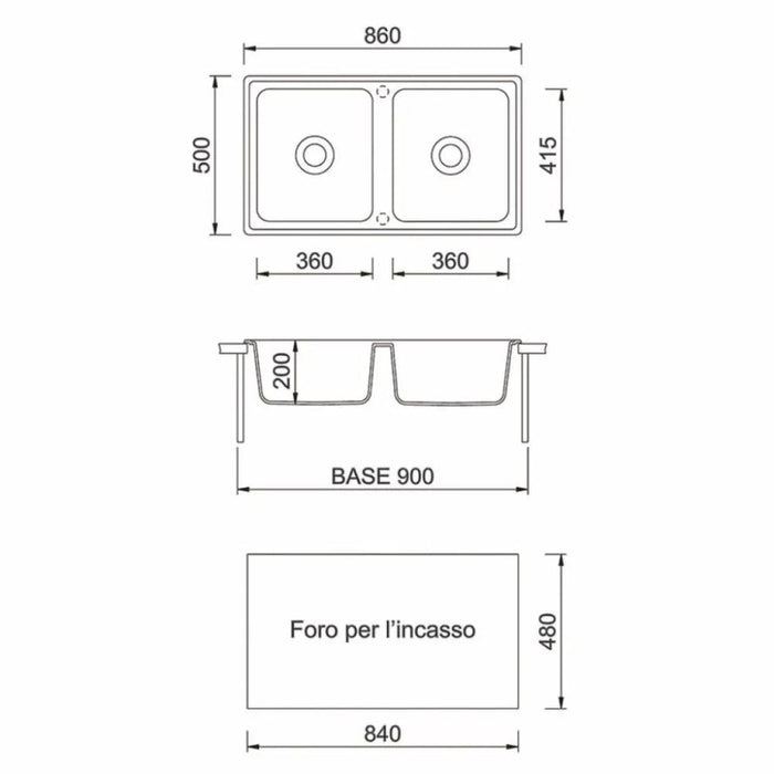 Lavello 86x50 cm 2 vasche bianco Samet
