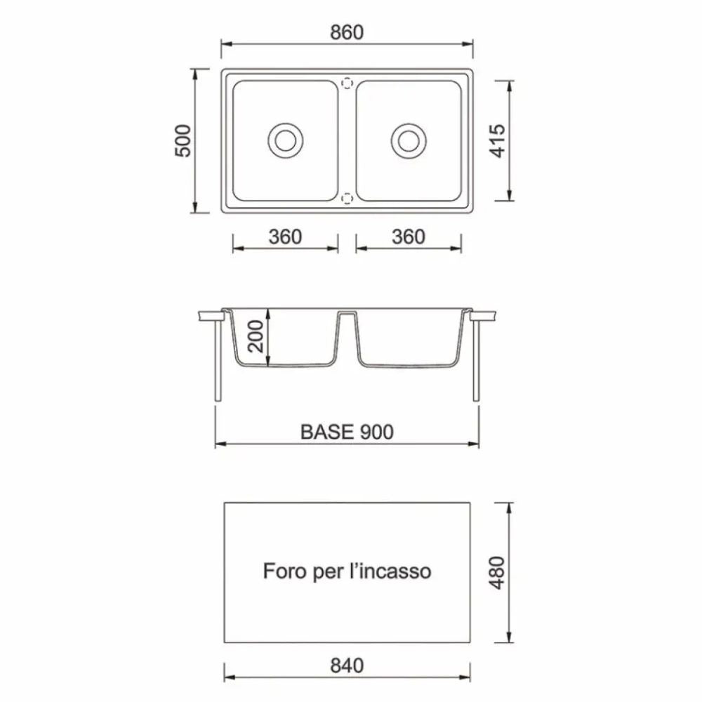 Lavello 86x50 cm 2 vasche croma Samet