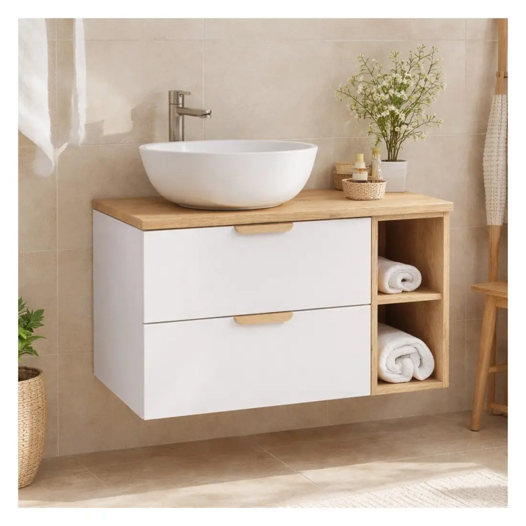 Set da bagno sospeso OSTER 80cm: mobile sotto lavabo con cassetti e nicchie a vista + piano per lavabo