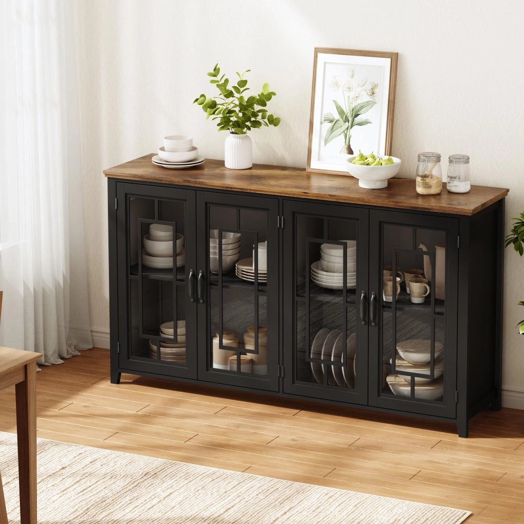 Sideboard da cucina 160 cm con ante in vetro, ampio spazio contenitivo e dispositivo antiribaltamento, nero