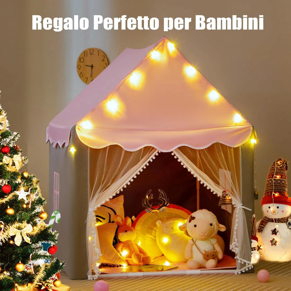 Tenda da Gioco per Bambini, Tenda Castello con Tappetino Lavabile, Luci a Forma di Stella, per Interno ed Esterno, 105 x 121 x 136 cm (Stile 2 Rosa)
