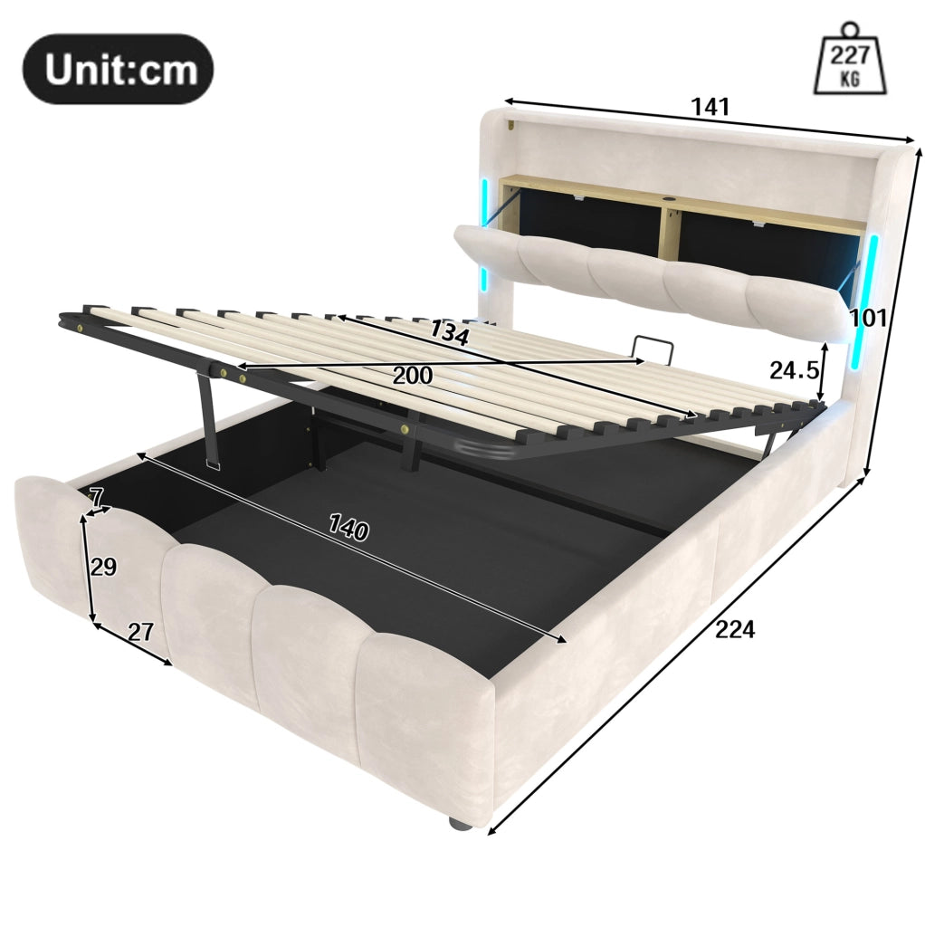 Letto imbottito 140 x 200 cm con contenitore idraulico; LED; USB e Type-C; velluto beige