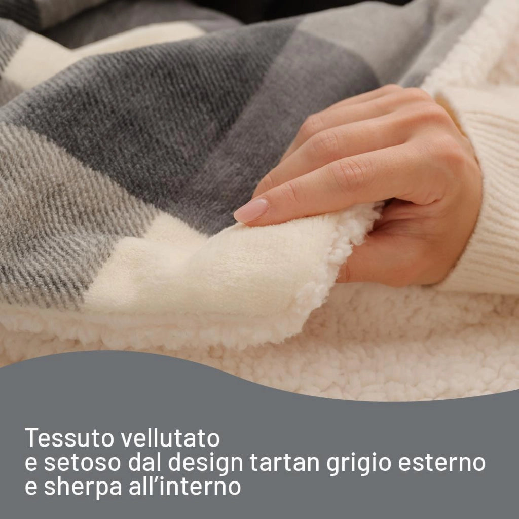 Imetec CaldoPlaid Tartan Grey Plaid Riscaldabile, Morbida Coperta Elettrica 160x120 cm, Basso Consumo, Tecnologia Adapto, Dispositivo di Sicurezza, Rapido Riscaldamento, 6 Temperature, Lavabile