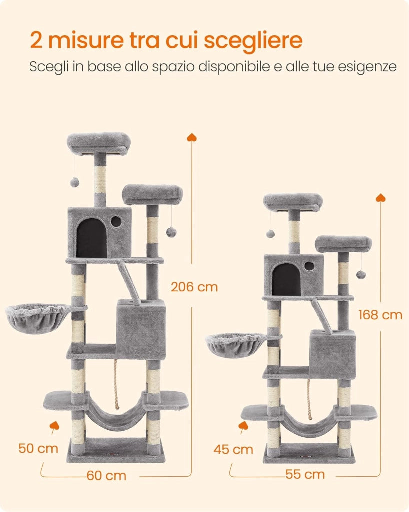 Feandrea Albero per Gatti, Alto 168 cm, Tiragraffi per Gatti con 13 Graffiatoi, 2 Posatoi, 2 Grotte, Cesto, Amaca, Pompon, in Peluche a Più Livelli per Interno, Grigio Chiaro PCT165W01V1